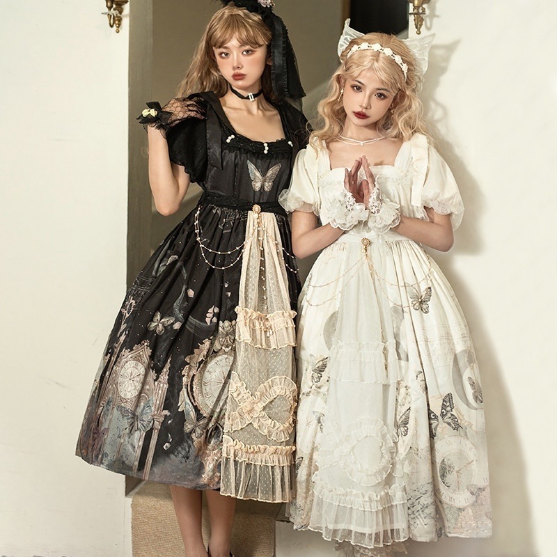 正規品デザイン時計蝶lolitaエレガント半袖opワンピース白黒双子