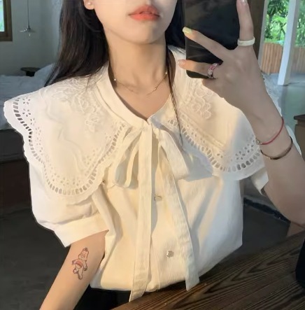 レディース トップス シャツ ブラウス 半袖 パフスリーブ レース フリル リボン 透け感 シースルー かわいい 大人可愛い きれいめ シンプル カジュアル 上品 おしゃれ レトロ こなれ感