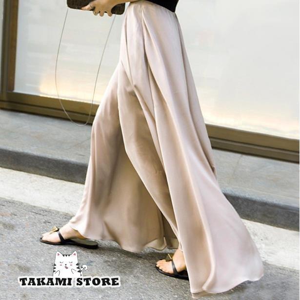 サテン フレア ワイドパンツ レディース ボトムス マキシ丈 ロングパンツ 大きいサイズ 通勤服 オフィス お呼ばれ 結婚式 パーティー リゾート