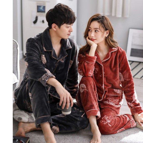 取寄ルームウェア パジャマ 部屋着 レディース メンズ リーフ柄 2点セット 上下 パンツ ズボン 秋 冬 長袖 前開き お揃い ペアルック 男女 色違い 可愛い かわいい おしゃれ ウエストゴム 厚