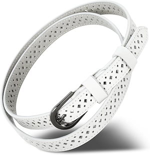 ベルト レディース 本革 細ベルト ゴルフ スーツ長さ調整可能 柔らかい 軽量(ホワイト柄 Free Size)