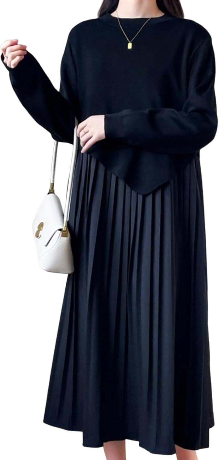 2点セット レディース ニット ワンピース 春 秋 ロング丈 カジュアル 白 大人ワンピース 5S-M04(ブラック, M) 6,358円