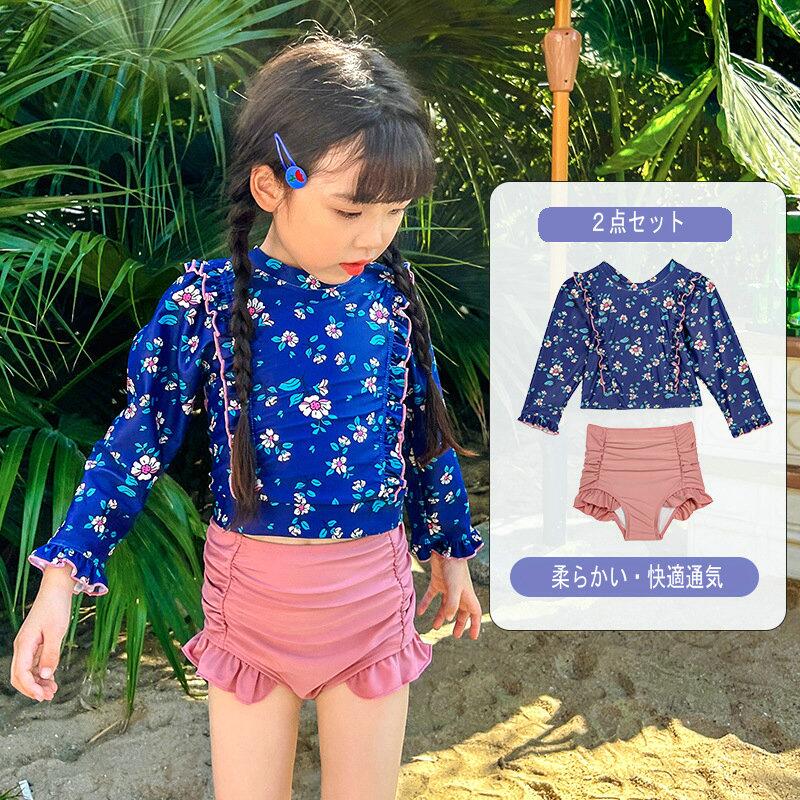 水着 こども 子供用 ジュニア 上下セットアップ ボタ 女の子 赤ちゃん セパレート水着 長袖 【7月の新作特典】キッズ 水着 ラッシュガード 2点セット 水着 女の子 ハイウェスト ベビー 子供水着
