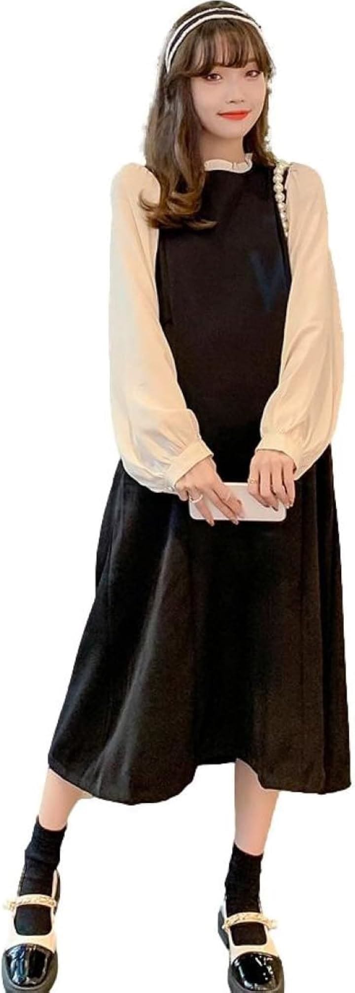レイヤード風 ロング ワンピース 異素材 ドッキング 長袖 フレア 体型カバー らくちん マタニティ リボン クルミボタン バックリボン ブラウスドッキング フリル襟(ブラック, M)