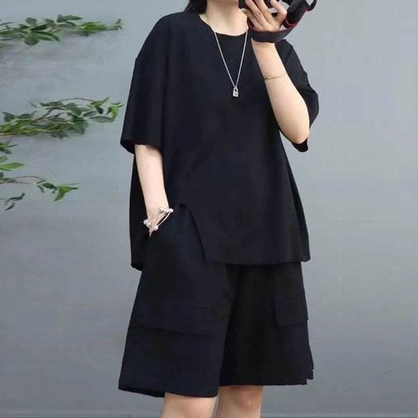 女性トリプルカット半袖ツーピースセットSET LDW-SET-SSIS448-ブラック