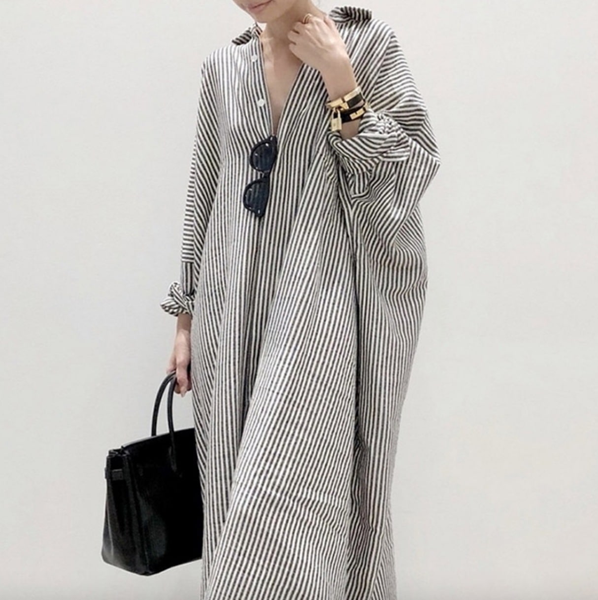 ワンピース デート かわいい 大人可愛い きれいめ シンプル カジュアル 大人 上品 おしゃれ ストライプ 襟付き ロング丈 スリット 楽ちん 体型カバー マタニティ ママ　休日 春夏 韓国 モテ