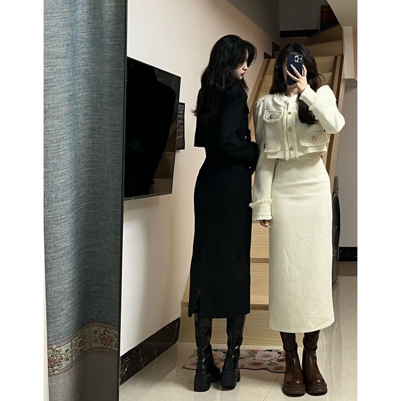 セットアップ 韓国ファッション 秋冬 新作韓国ファッション  おしゃれ セット プリーツスカート ショット丈 スーツ 愛されドッキングワンピース二点セット 着痩せ スリット スカート