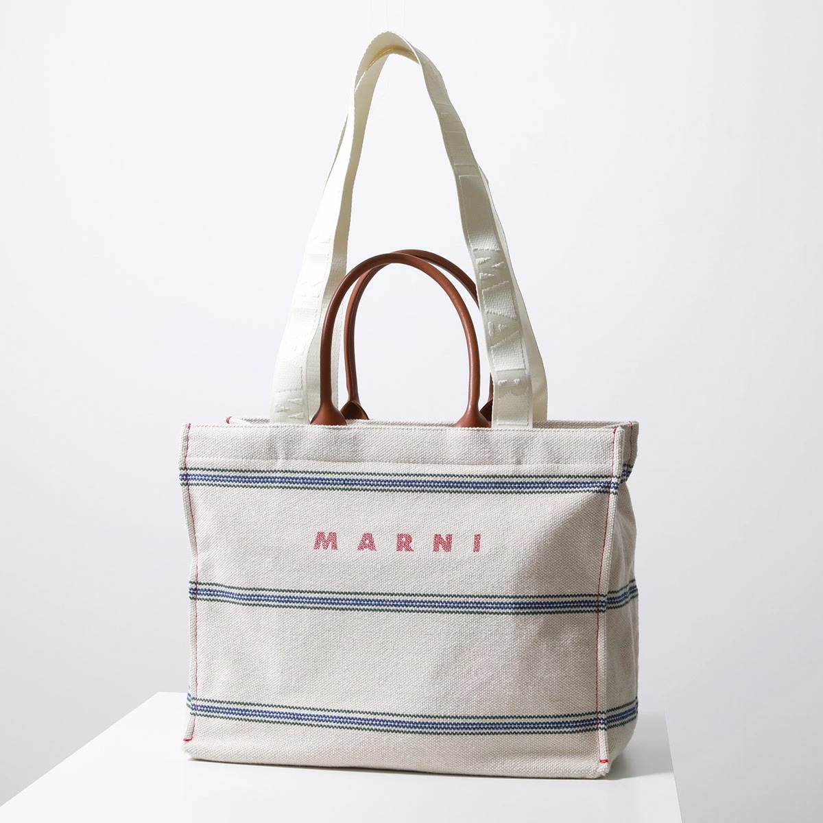 MARNI マルニ トートバッグ East/West ミディアム SHMQ0068A0 P6457 メンズ キャンバス ストライプ ジャガードロゴハンドル 鞄 ZO706