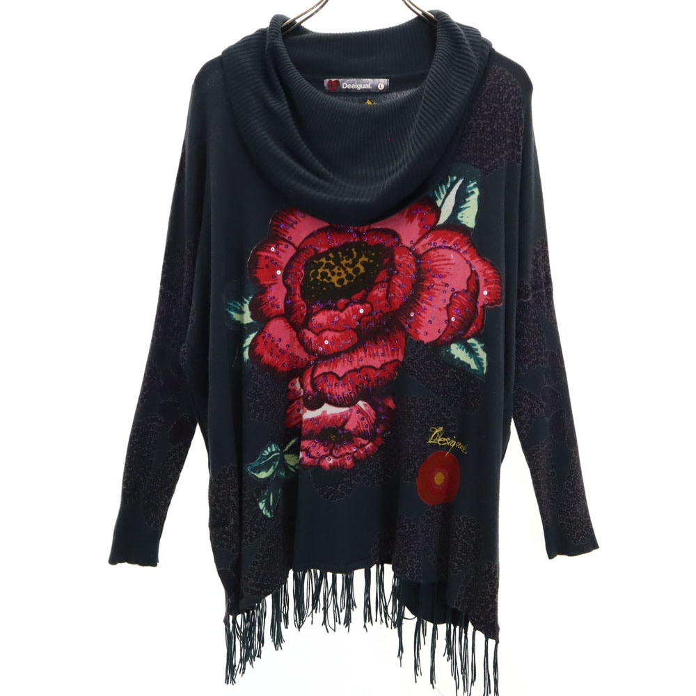 総柄 長袖 ニット デザイン カットソー L グレー系 レディース