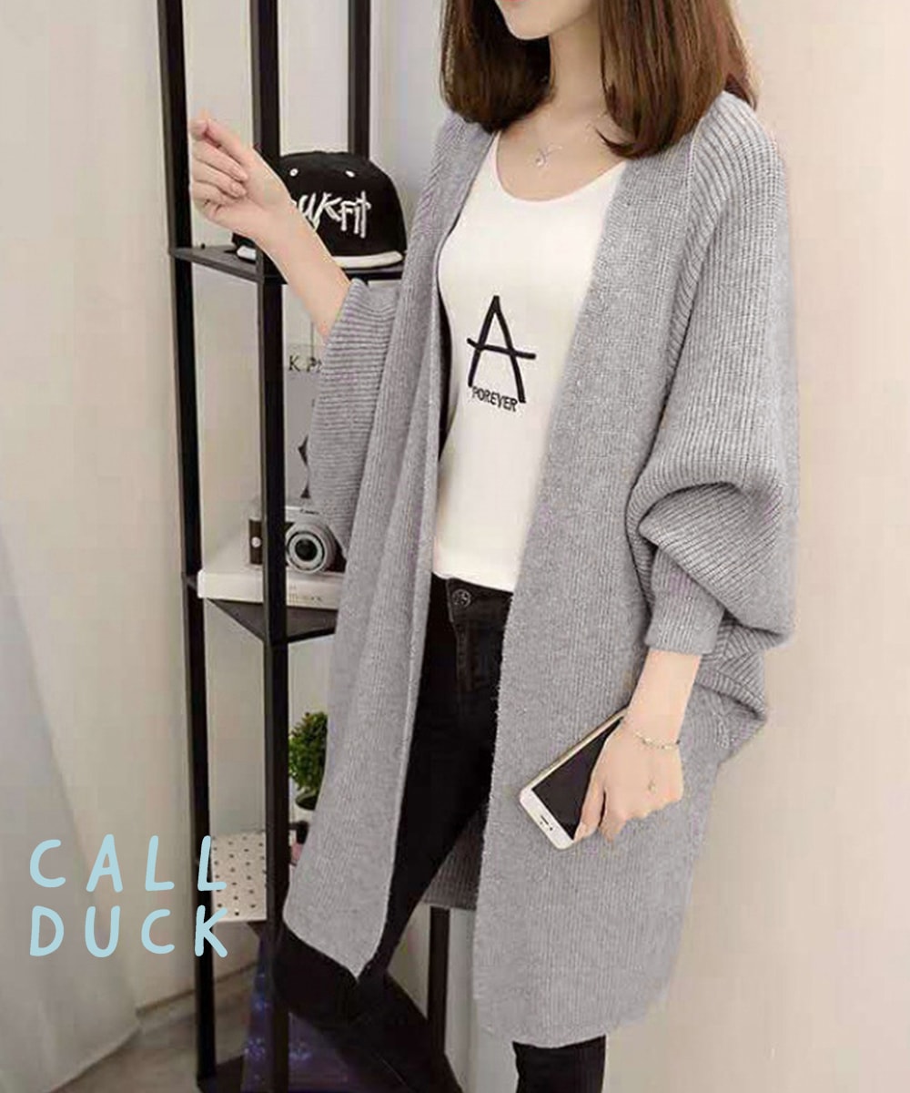 ニットカーディガン フリー 長袖 レディース ロング 無地 中厚手 カジュアル ドルマン 秋冬 アウター 143947