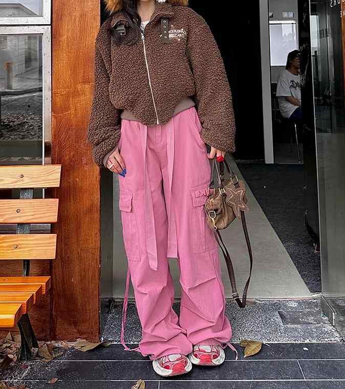 カーゴパンツ レディース カジュアル ハイウエスト アメリカン 秋冬 ストレート ワイドパンツ 韓国 おしゃれ 厚手 ピンク