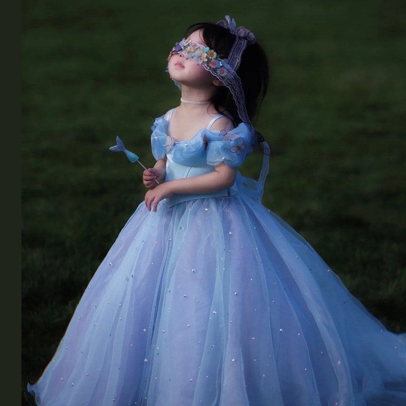 子供ドレスブループリンセスドレステールガールホストフラワーガールキャットウォークピアノ演奏イブニングドレスドレス