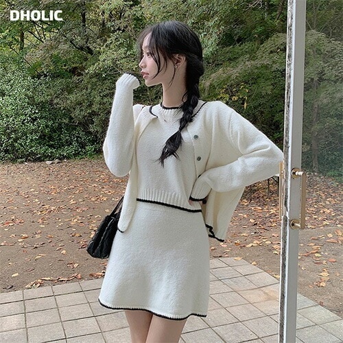 配色半袖ニット&カーディガン&ミニスカートSET