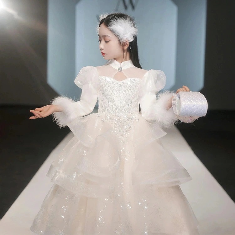 子供ドレス 発表会ドレス 白 立ち襟 ロングドレス 演奏会ドレス フォーマル 女児ドレス フレア フリル 可愛い プリンセス風 スパンコール キラキラ キッズドレス 子どもドレス 女の子 七五三ドレス