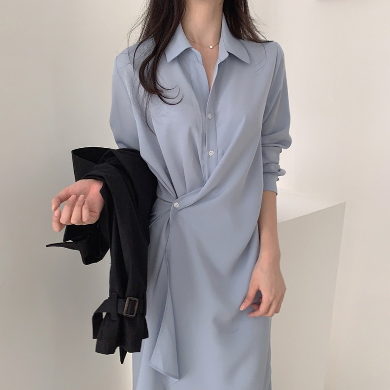 メーカー公式 スモッグブルーラペルシングルブレストデザイン不規則な長袖シャツドレス女性 決算特価商品