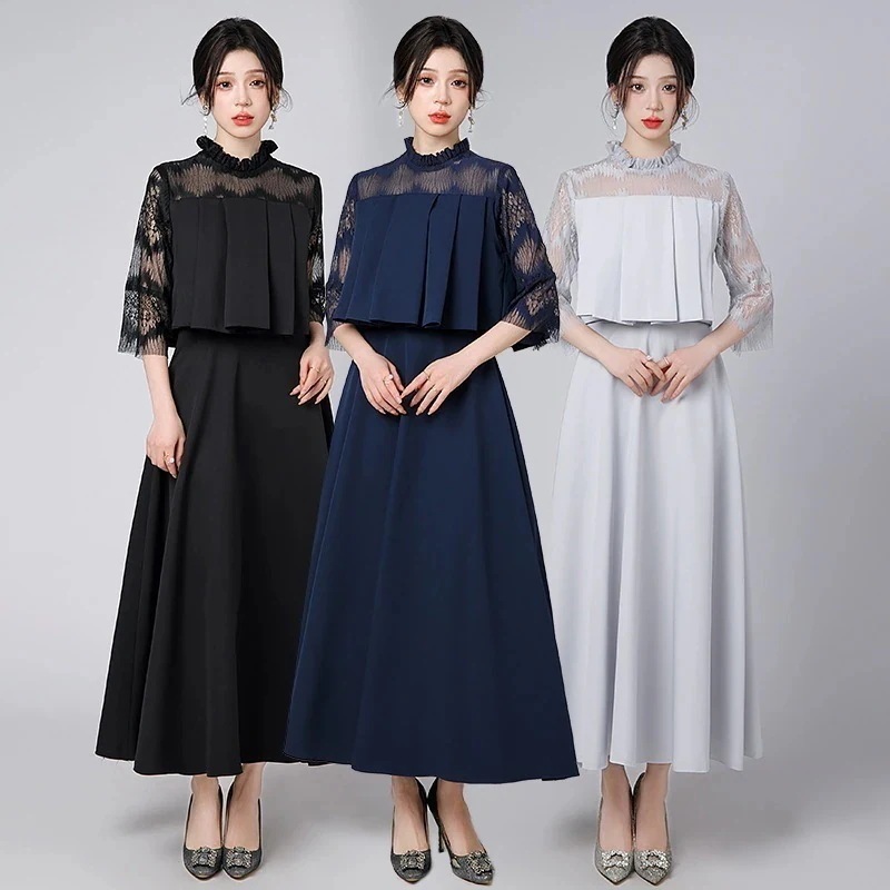 【mianbaoshu】 イブニングドレス レース ロングワンピース 七分袖 チュール ドッキング イブパーティードレス キャバ 着痩せ 大人 同窓会 披露宴 卒業式 結婚式 演奏会 ウェディング 二