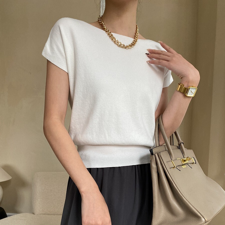 レディース トップス カットソー ニット 半袖 フレンチスリーブ ラウンドネック かわいい 大人可愛い きれいめ シンプル カジュアル 上品 おしゃれ かっこいい こなれ感 クール 存在感 抜け感