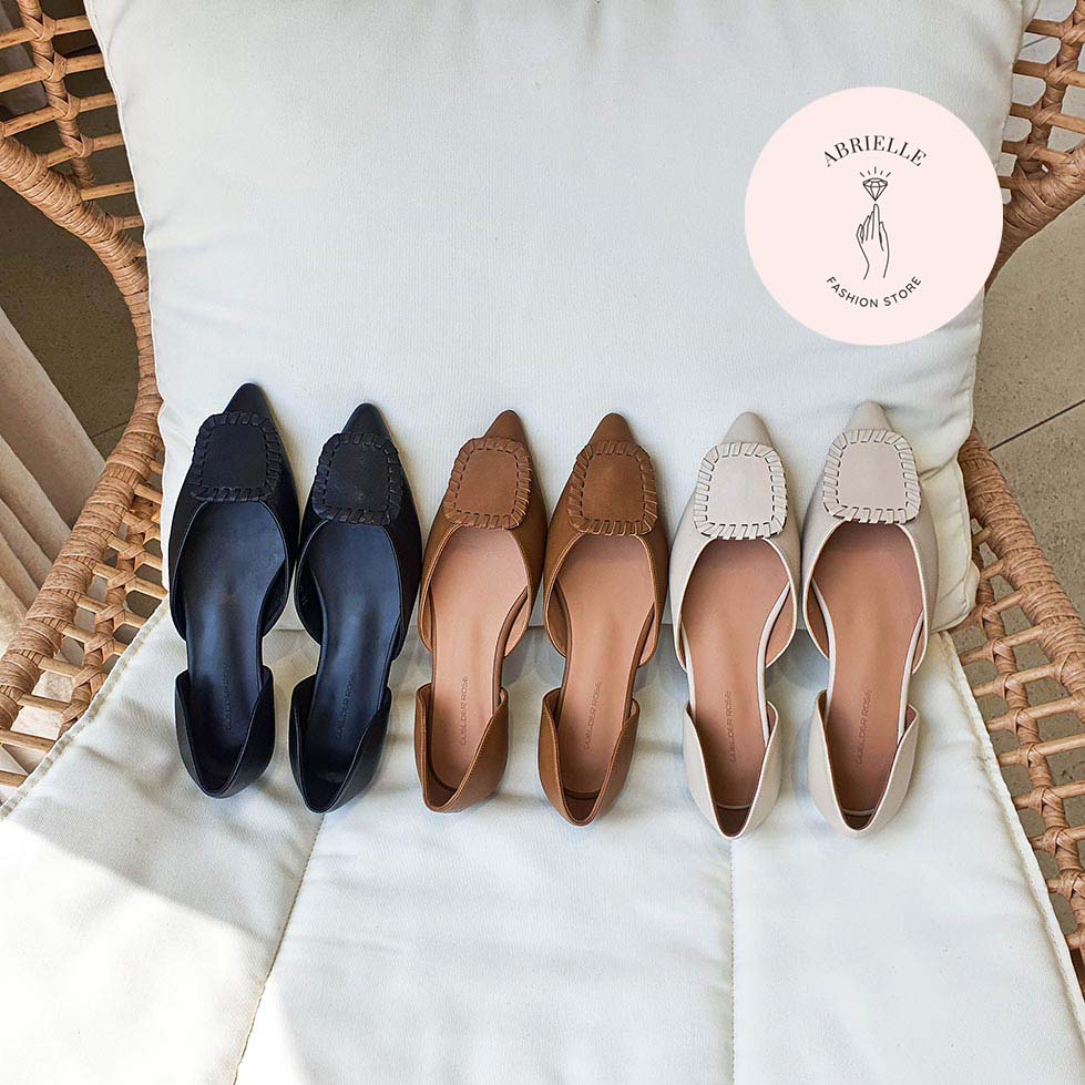 【アブリエル　ABRIELLE】　本革フェミニン　バレエ　女性　通勤　デート　フラットシューズ -ステッチスクエア飾り-1.5cm（アイボリーブラウンブラック）