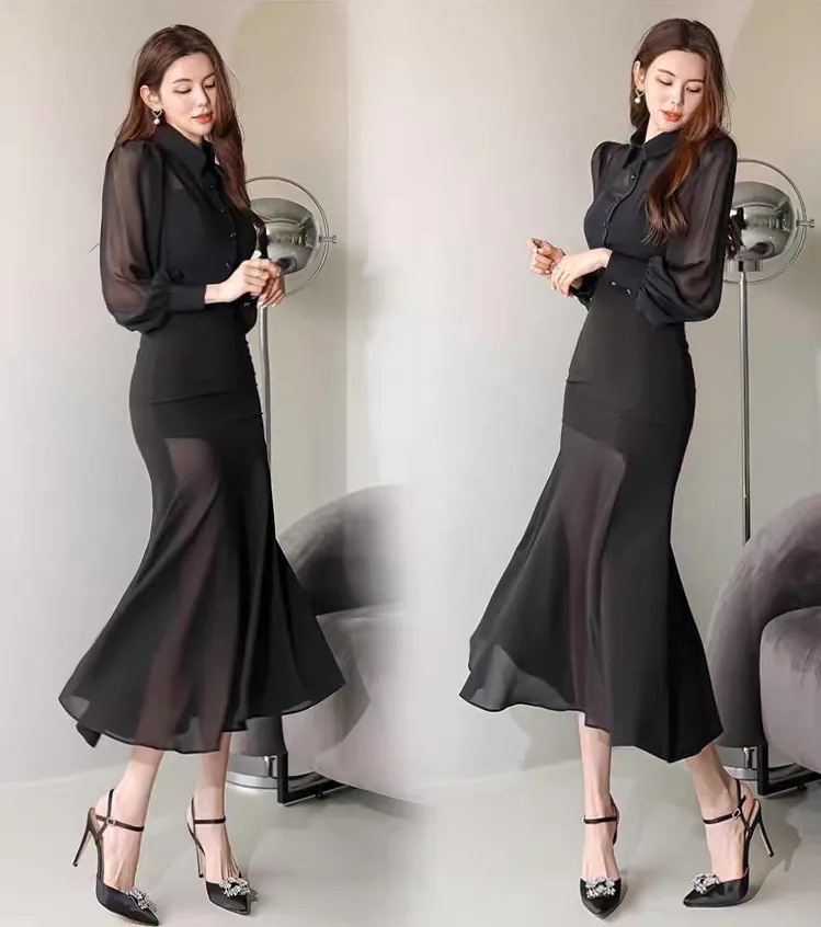 ワンピース ドレス ミニ ミモレ 長袖 パフスリーブ ヘンリーネック 襟付き フレア スリム 細身 フェミニン 韓国風 シフォン ハイウエスト 透け感 シースルー ボタン 薄手 かわいい 大人可愛い