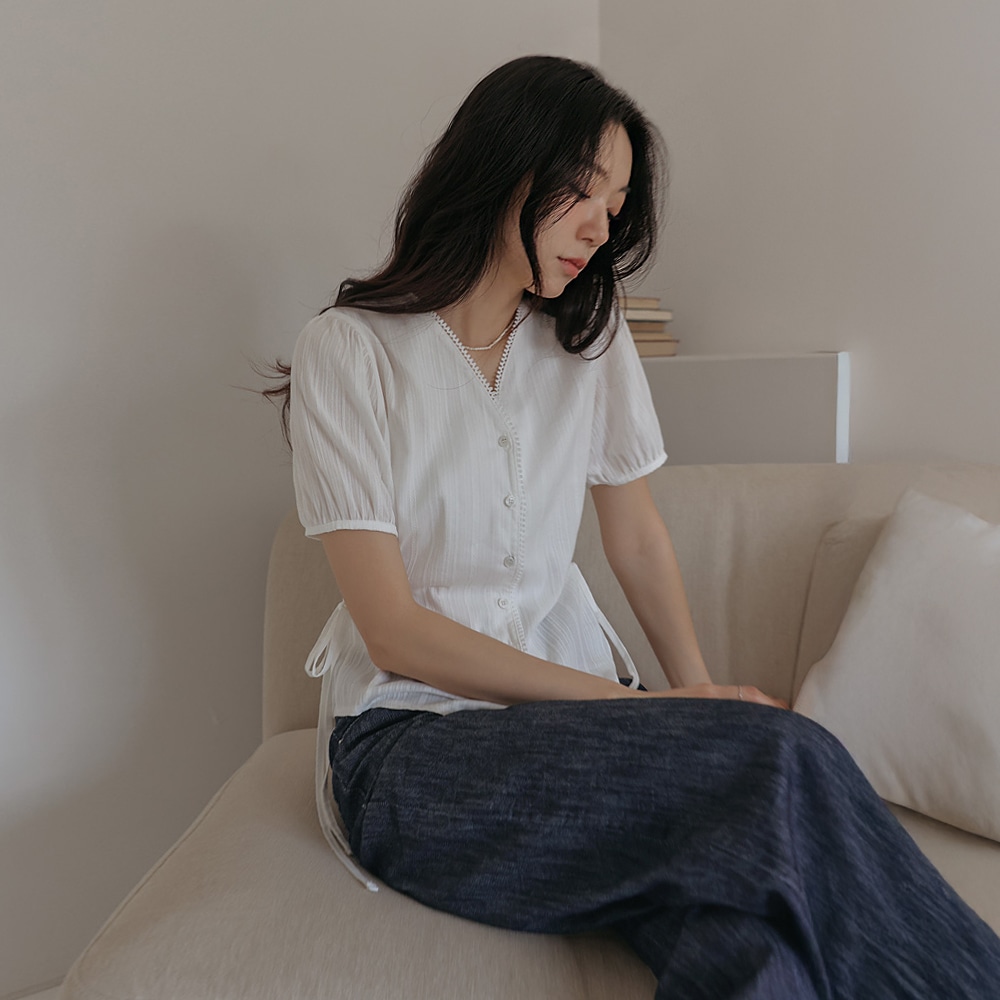 トーエンコットンレースストラップVネック1/2ブラウス