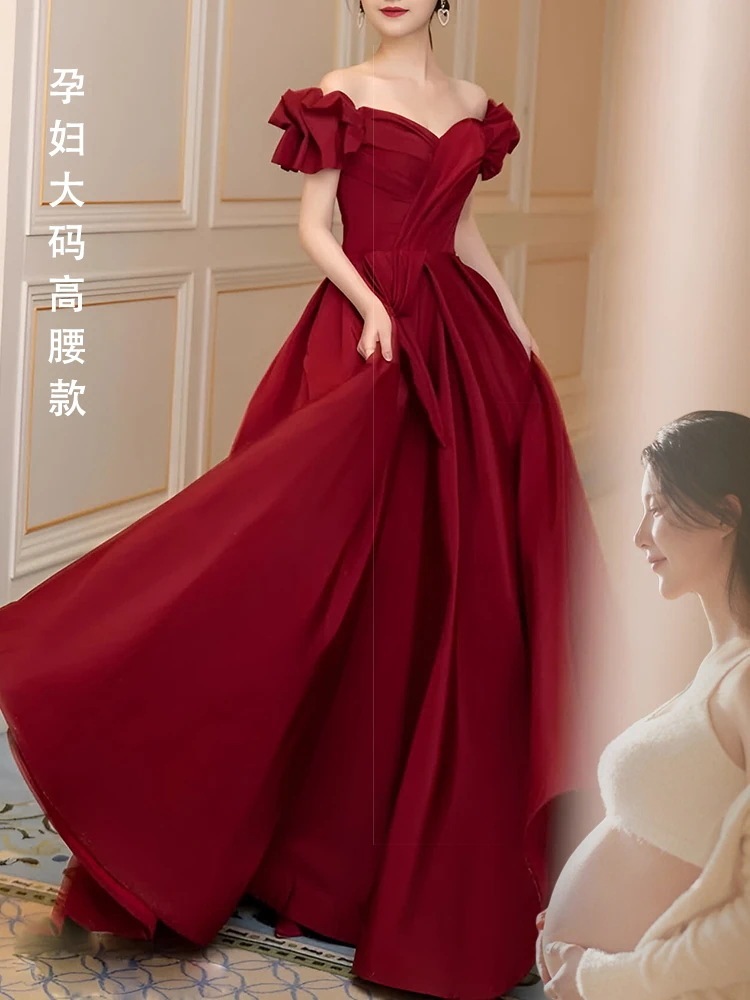 プリンセストーストドレス花嫁2025ワインレッドエンゲージメントドレスワンショルダーハイエンドスリム