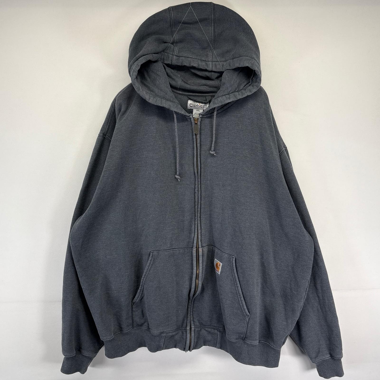 古着 パーカー フルジップ スウェット ヘビーウェイト 厚手 ワンポイントロゴ 2XL ダークグレー系 メンズ