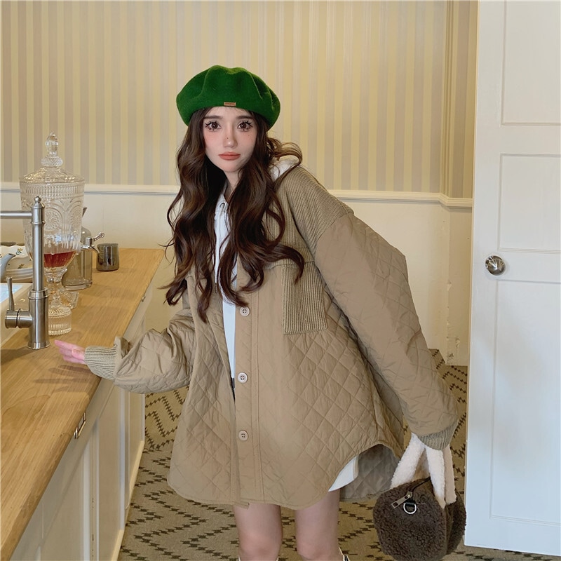 2カラー アウター レディース ジャケット キルティング コーデュロイ ドッキング 長袖 ゆったり オーバーサイズ シンプル ブラック カーキ 大人っぽい ルーズ 女性らしい きれいめ カジュアル