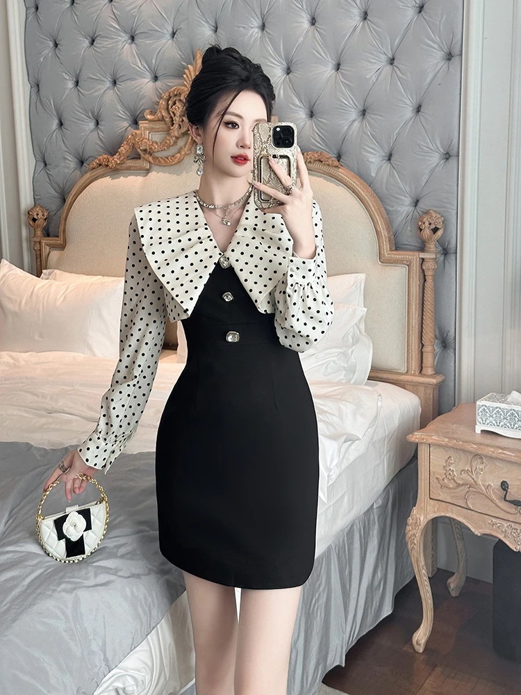 秋冬 水玉 小柄 タイト ショートワンピース ドレス パーティー キャバ 大人 同窓会 披露宴 卒業式 結婚式 演奏会 ウェディング 二次会 メガ割