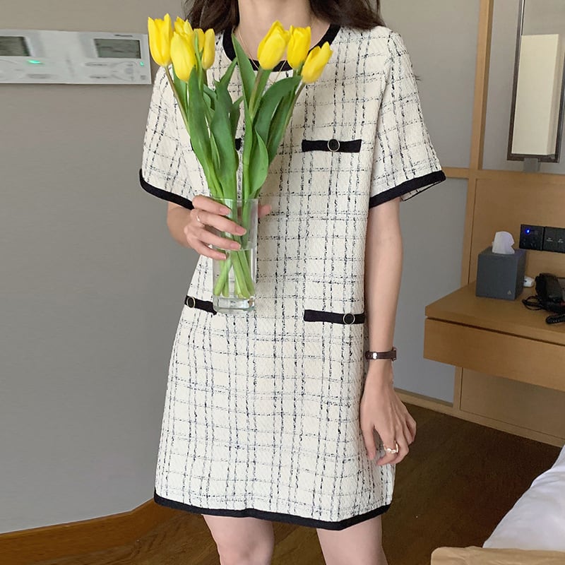 ワンピース 上着 人気 おすすめ おしゃれ お洒落 激安 安い プチプラ 半袖 ラウンドネック 丸首 Aライン ミニスカート 柄 ツイード 可愛い かわいい 韓国 シンプル きれいめ 大人