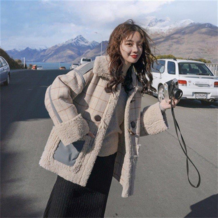 ラシャコート レディース ダブルブレスト 毛皮 牛角 ラム毛 厚手 ラシャジャケット ロング丈秋冬 チェック柄 カジュアル スプリングコート 着痩せ アウター