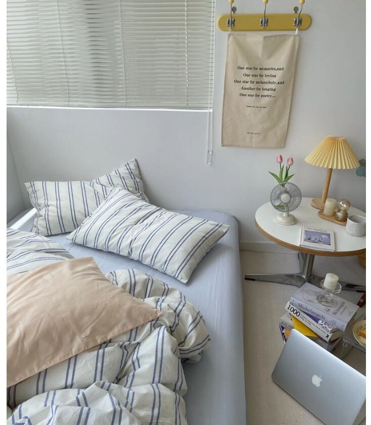 布団カバーセット ブルー 緑 ピンク ストライプ柄 北欧 ins風 綿100％ 通気性 柔らか 四季通用 シングル ダブル クイーン 3点セット 4点セット ボックスシーツ フラットシーツ 掛け布団カ