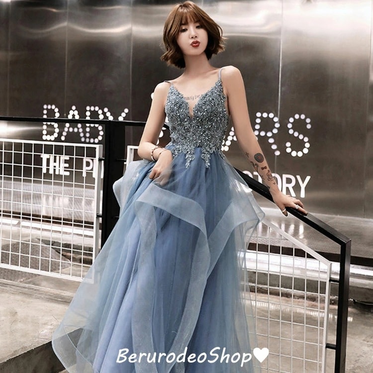 全4色 イブニングドレス ブルー キャミドレス ロングドレス 発表会ドレス フリル オシャレ 結婚式ドレス 二次会ドレス ワイン赤 パーティードレス 黒 ブラック 演奏会ドレス グレー ノースリーブ