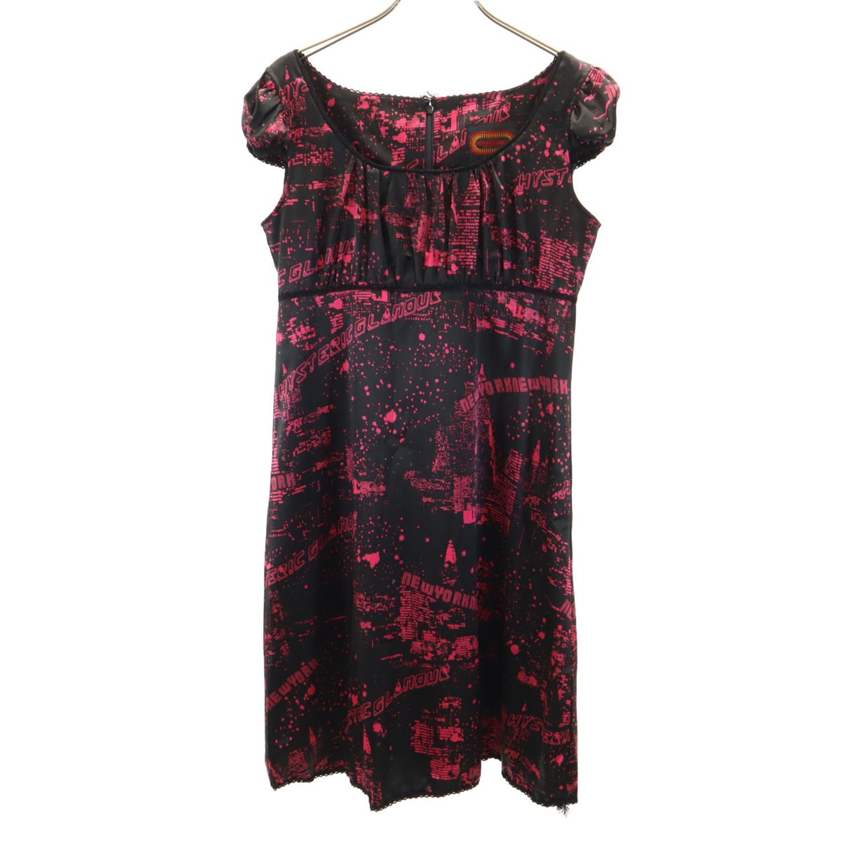 HYSTERICS ヒステリックス 日本製 総柄 フレンチスリーブ 膝丈ワンピース F 黒系 レディース 古着