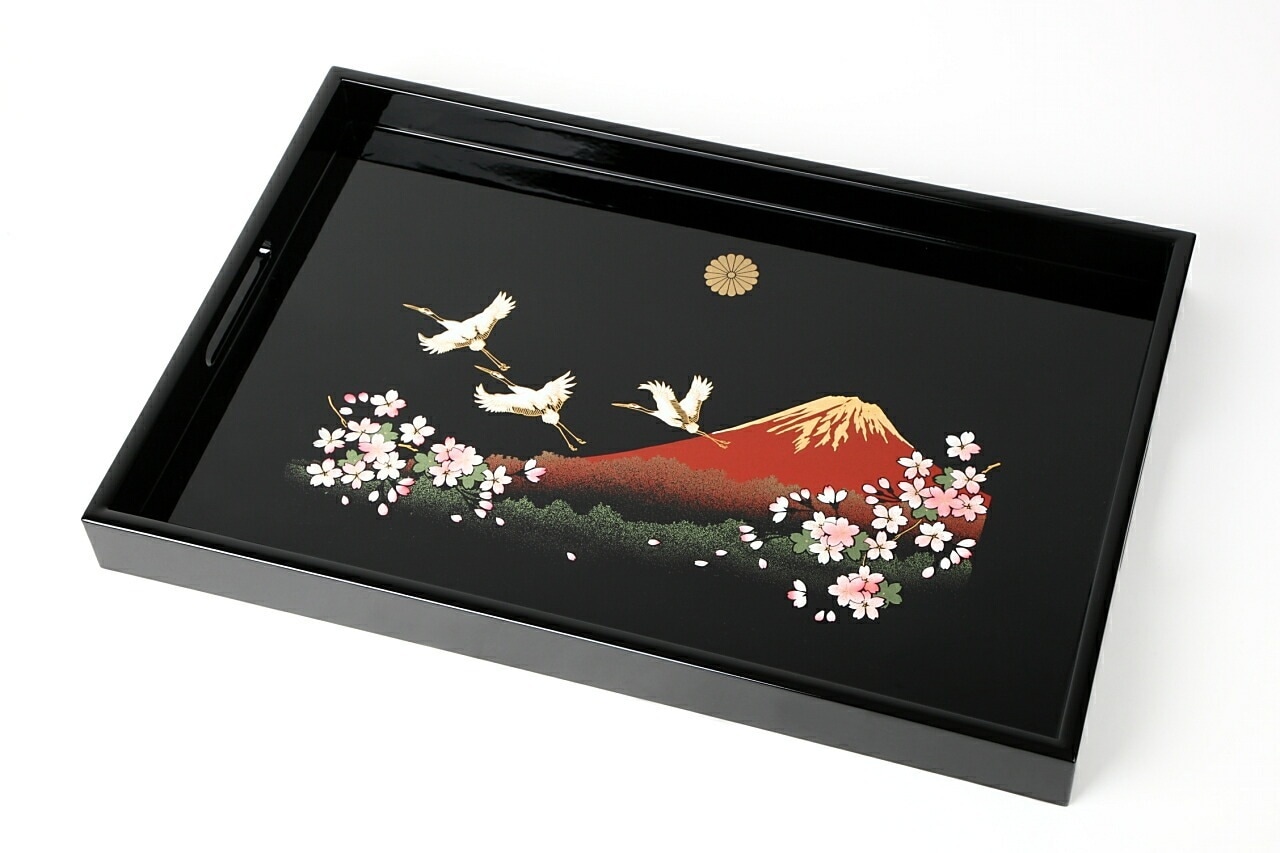 菊紋入木製長手盆 尺5 黒 富士山に鶴と桜送料無料45cmの長手盆です 叙勲 菊紋 内祝 記念品 褒章 祝い返し ギフト 漆器 日本 贈り物