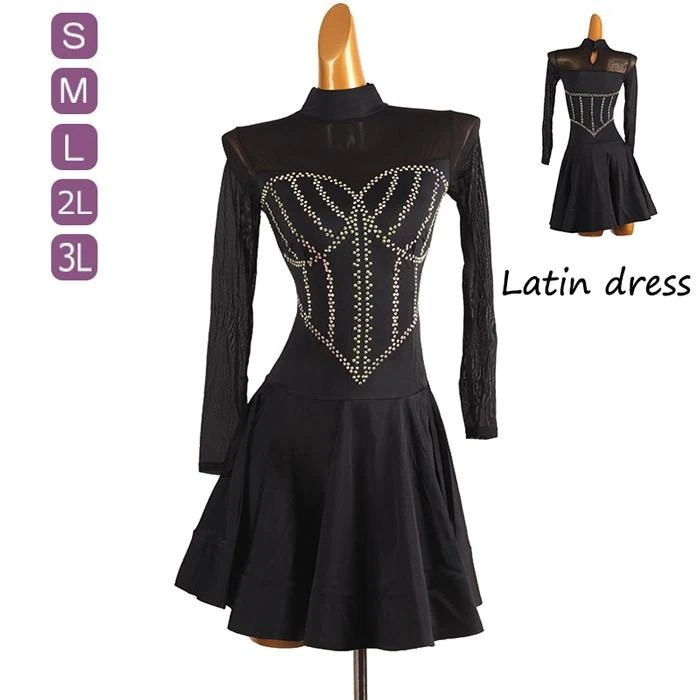 ラテンドレス 長袖 ラテンダンス ダンス衣装 演技服 ワンピース 練習着 ワルツ チャチャチャ ラテン ステージ衣装 演出着 演出用 ブラック S M L 2L 3L