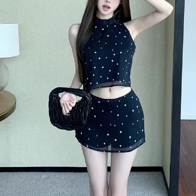 2024 春夏ドットセットアップ シアー ノースリーブ トップス スカパン 上下 着回し トレンド ガーリー安い
