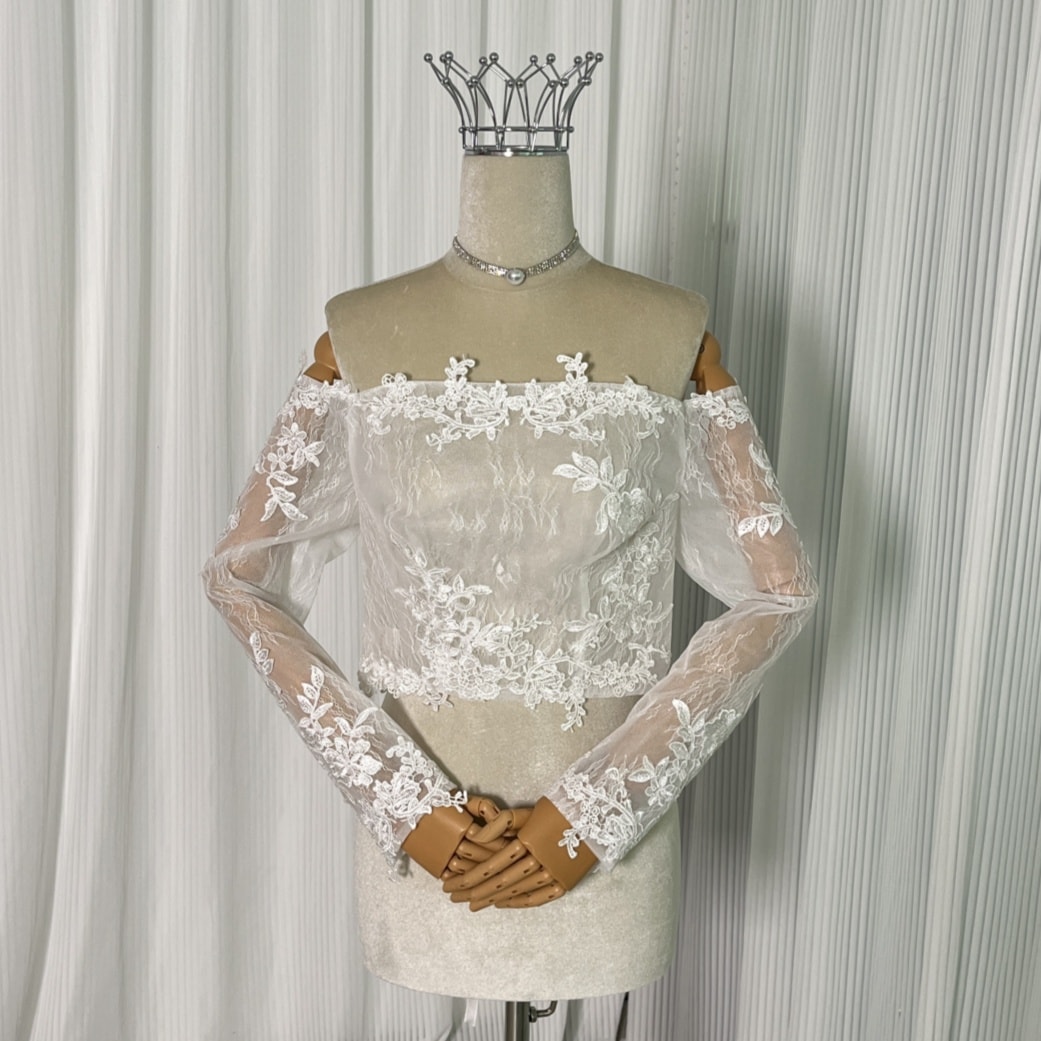 ボレロ オフショルダー ロングスリーブ 花モチーフ レース 編み上げ 花嫁/ウェディングドレス