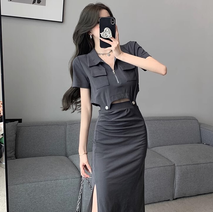 セットアップ ツーピース ロング丈 半袖 ハイウエスト サイドスリット かわいい 大人可愛い きれいめ シンプル カジュアル 大人 上品 おしゃれ お洒落 かっこいい レトロ 大人女子 こなれ感 ラフ