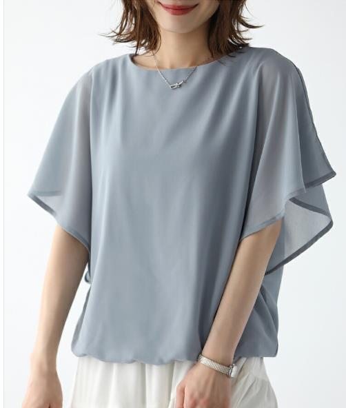 夏の新しいノースリーブバットシャツルーズラウンドネックカジュアルワイルドシフォンシャツ