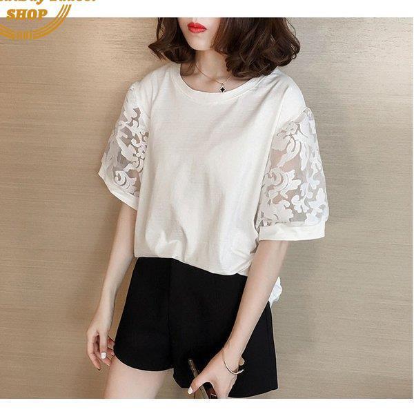 白 Tシャツ レディース 夏 無地 半袖Tシャツ レース切り替えトップス パフスリーブ ブラウス おしゃれ 大きいサイズ 韓国風 大人 通勤 着痩せ 卒業式