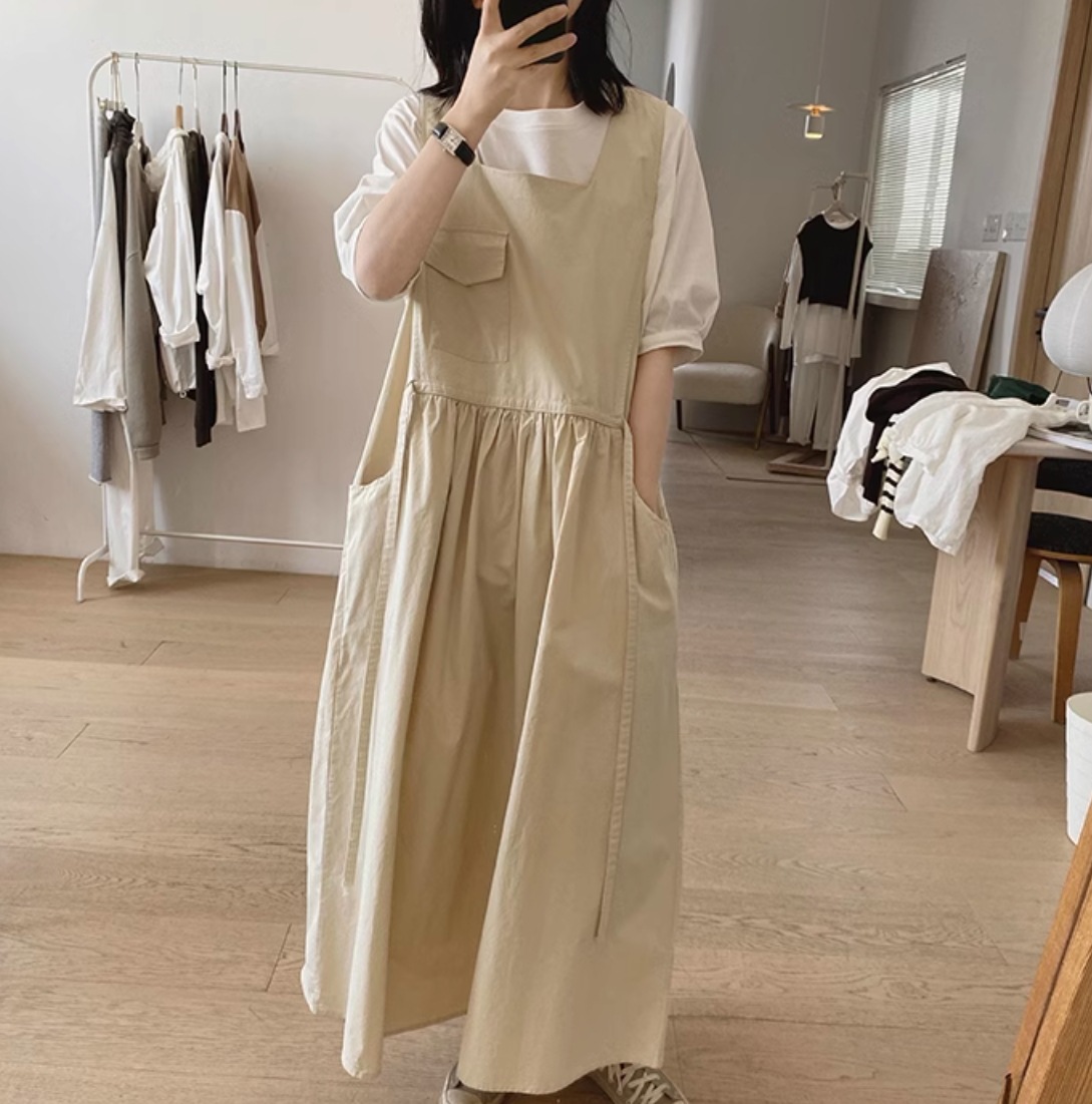 ワンピース 膝下 ロング レディース マキシ 9分丈 袖なし ノースリーブ スクエアネック ワイド フレア Aライン リボン ウエストマーク アメカジ 薄手 かわいい 大人可愛い シンプル カジュアル