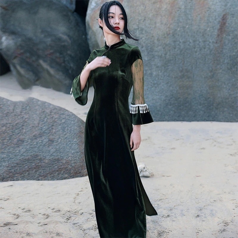 チャイナドレス 緑 チャイナ風ワンピース ロング ベルベットワンピース 長袖 無地 スタンドカラーワンピース パーティードレス レース 切り替え