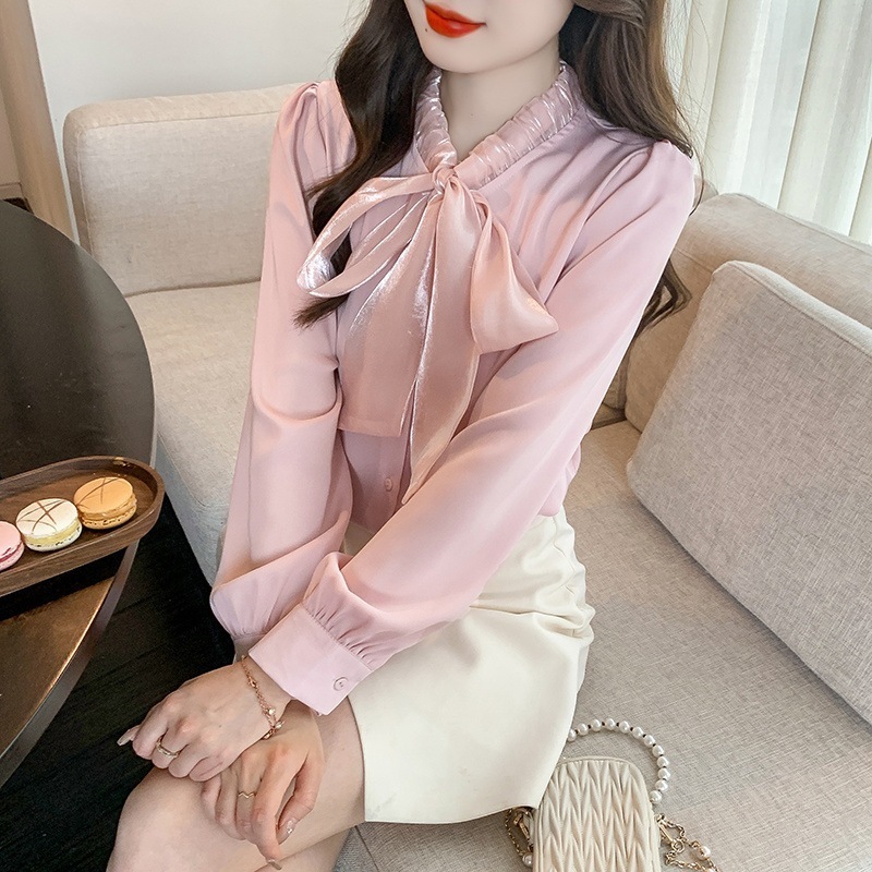 【1つ買うと10つ無料】女性のための弓をつけたシフォンシャツ2025春と秋の美しいサテンの長袖シャツ 35,139円