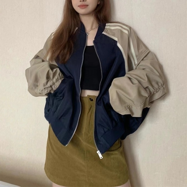 バイカラー ジップ ブルゾン 韓国 秋 ジャケット アウター ストリート バイカラー 無地 ホームパーティーアイテム MA-1 カーキ ラウンジウェア スケーター かわいい 大人可愛い きれいめ