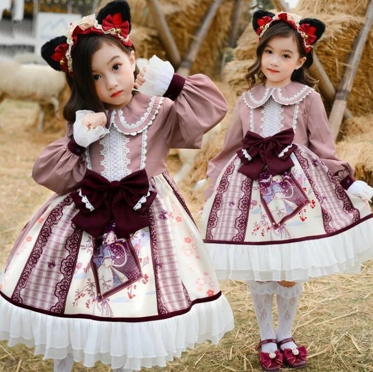 子供 ロリータ服 ハロウィン コスプレ 仮装 長袖ロリータワンピース 膝丈 女の子 可愛いワンピース ダンス衣装 学園祭 文化祭 lolita リボン付き 110-150