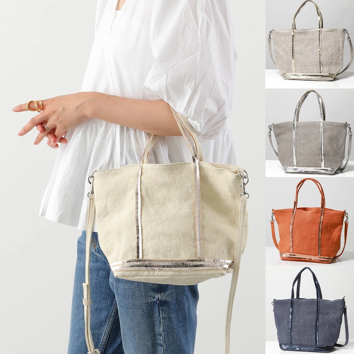 vanessabruno ヴァネッサブリューノ ハンドバッグ CABAS S 0PVE31 V40435 レディース リネン スパンコール ショルダーバッグ 鞄 カラー5色