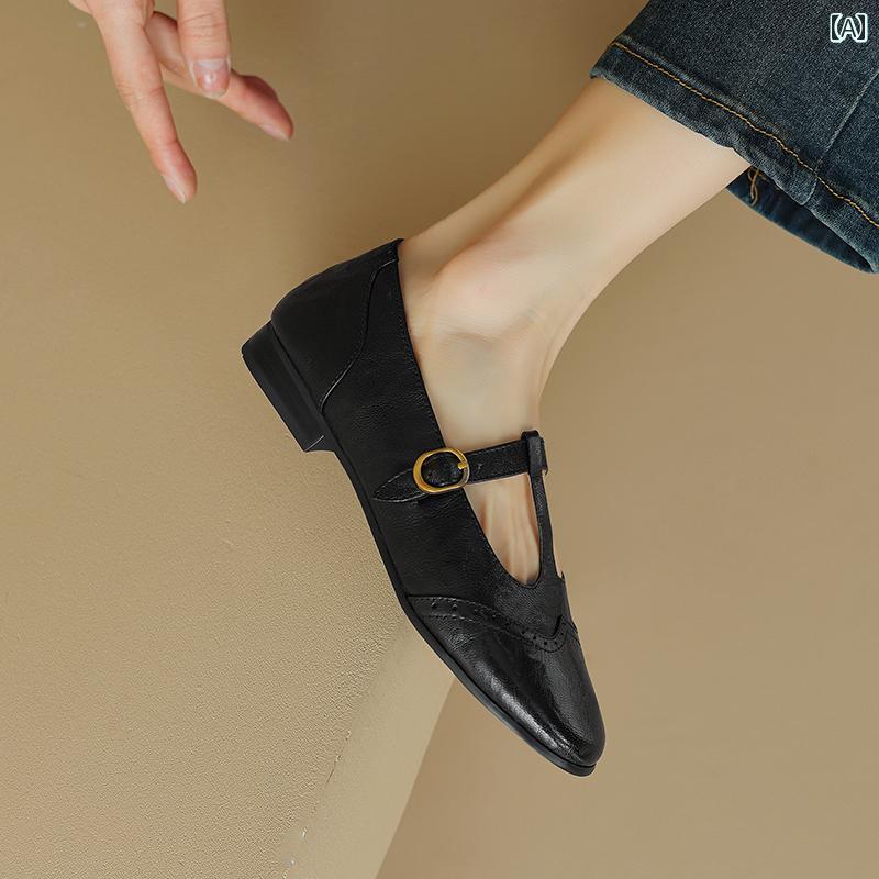 パンプス レディース レトロ ブラウン メリージェーン スモール レザーシューズ 女性 英国 T ストラップ フラット ローファー 革 ラウンドトゥ 多目的 靴