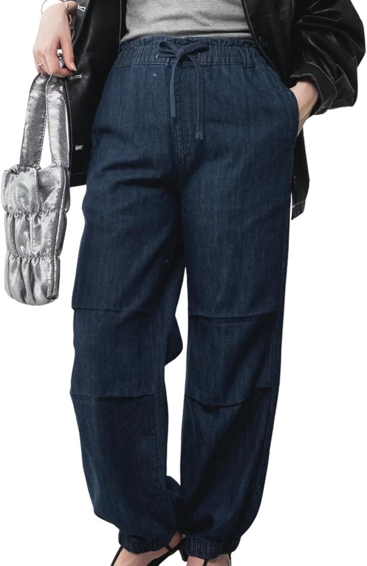デニム リラックス ワイド パラシュート パンツ ウエストゴム 大きいサイズ レディース(ネイビー, 3L)
