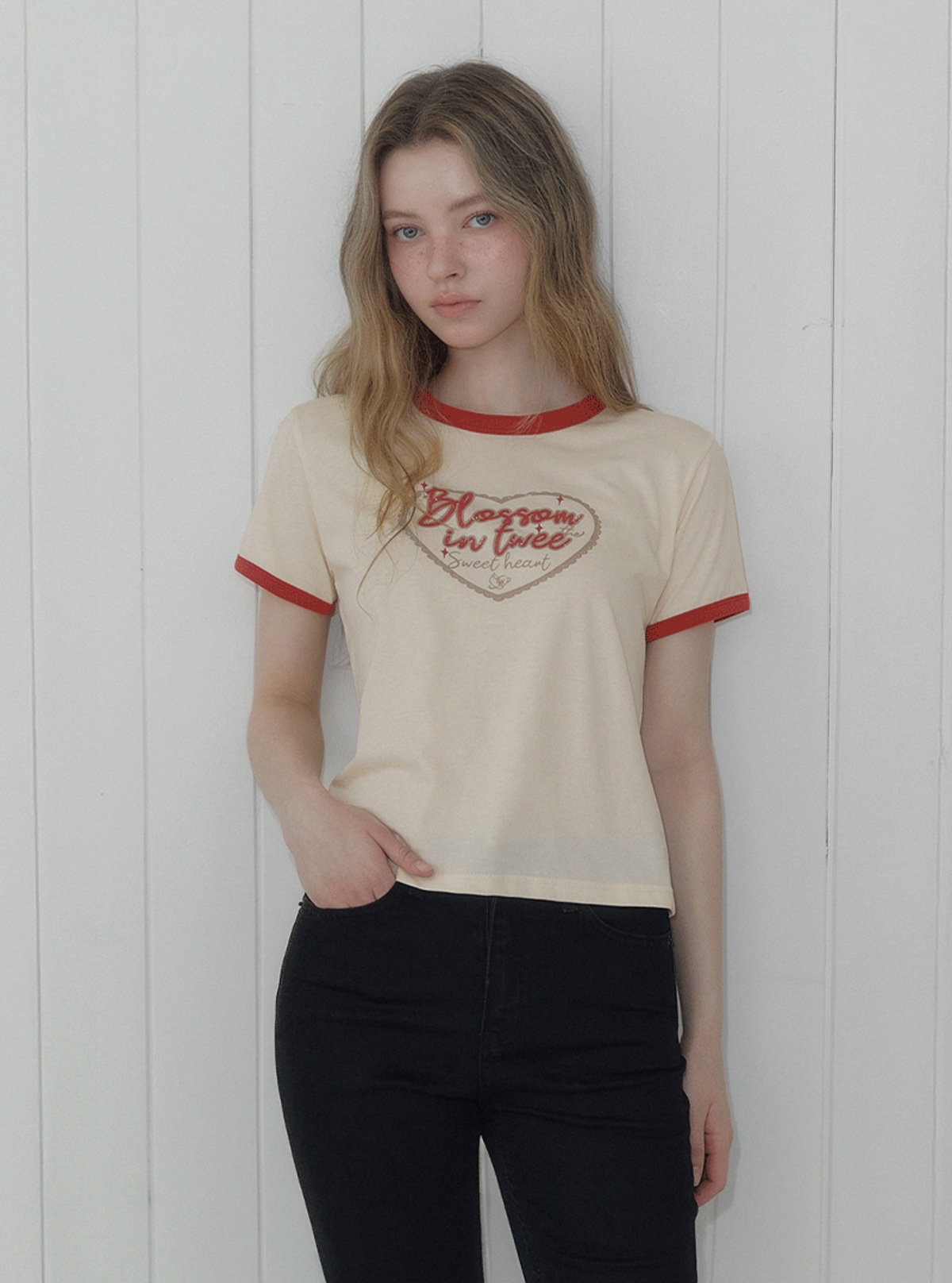 トゥイ ヘグル ハート 配色 リンガー 半袖 Tシャツ