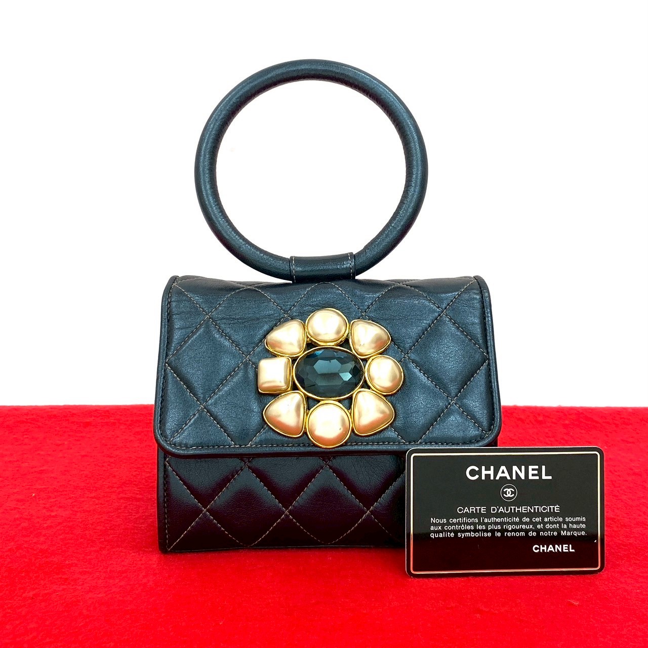 ヴィンテージ マトラッセ ビジューハンドバッグ ラムスキン ネイビー 70586